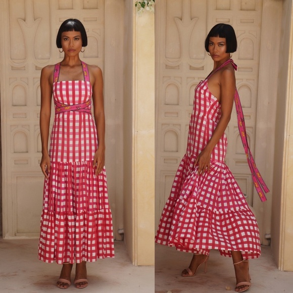 Mo Maya Runa Gingham Check and Leopard Strap Print Square Neckline Dress - Picture 2 of 5